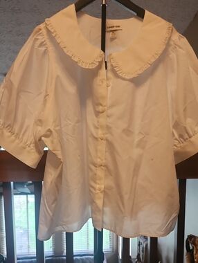 Lands' End White Button-Up Blouse with Ruffle Trim